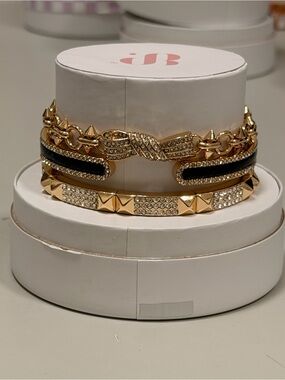 Bomb Party NWT! Gold and Black Crystal Spike Bracelet Set with Bow